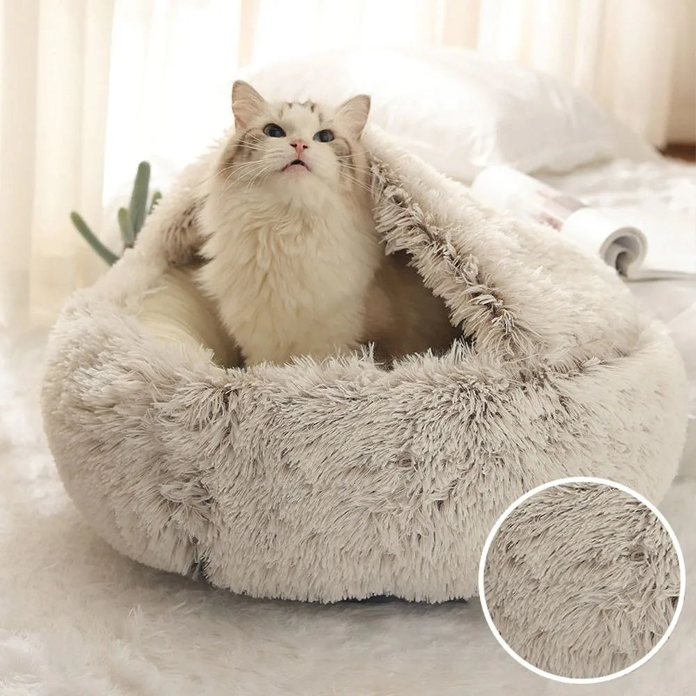 Warm Plush Pet Bed - Enclosed Round Cat Cushion Nest