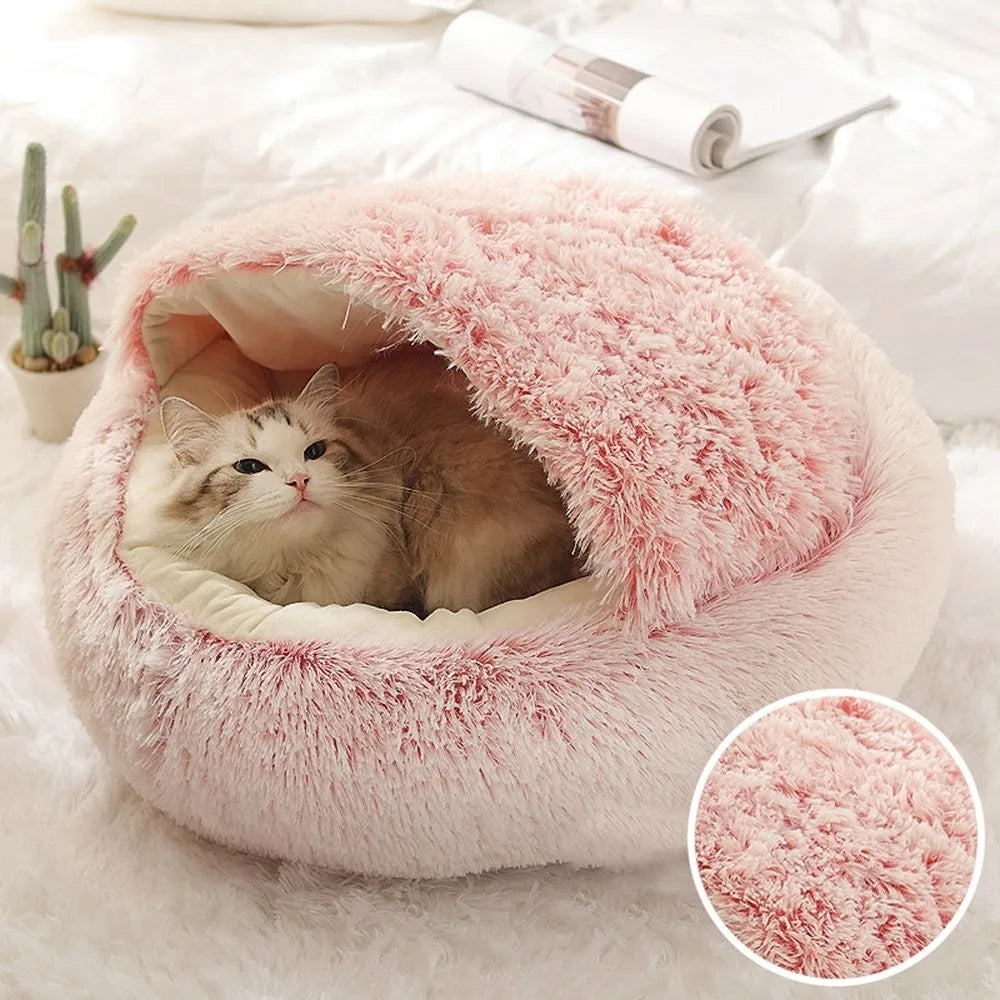 Warm Plush Pet Bed - Enclosed Round Cat Cushion Nest