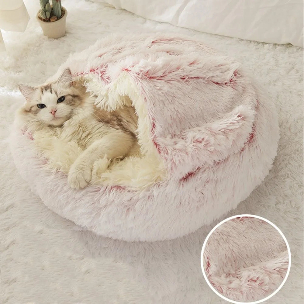 Warm Plush Pet Bed - Enclosed Round Cat Cushion Nest