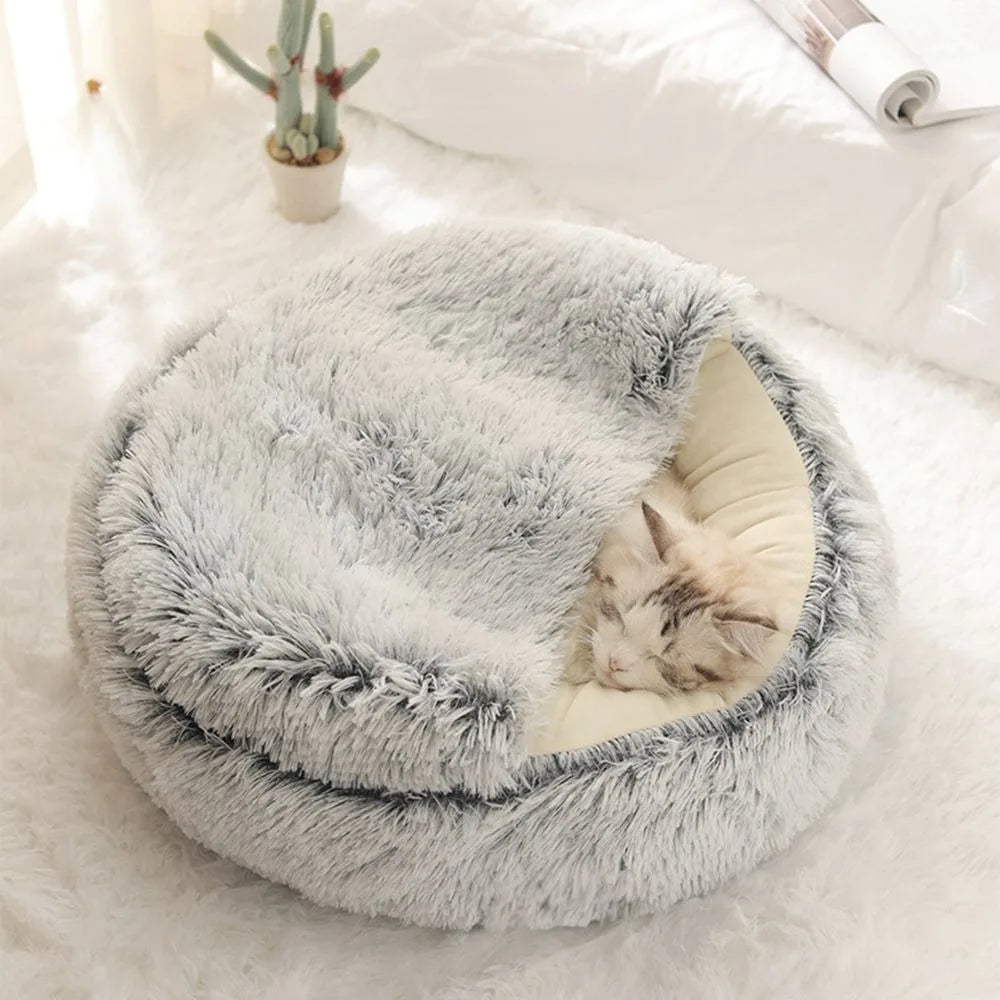 Warm Plush Pet Bed - Enclosed Round Cat Cushion Nest