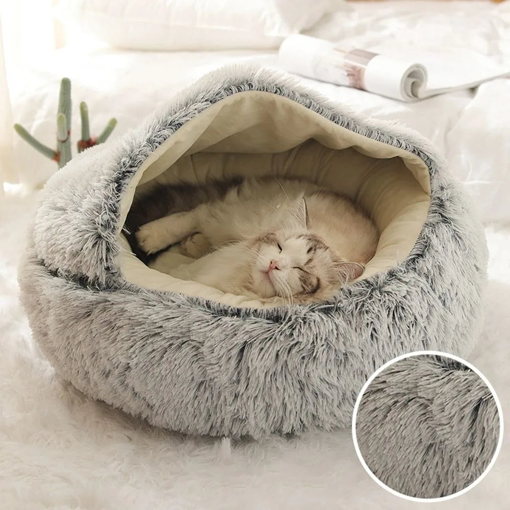 Warm Plush Pet Bed - Enclosed Round Cat Cushion Nest