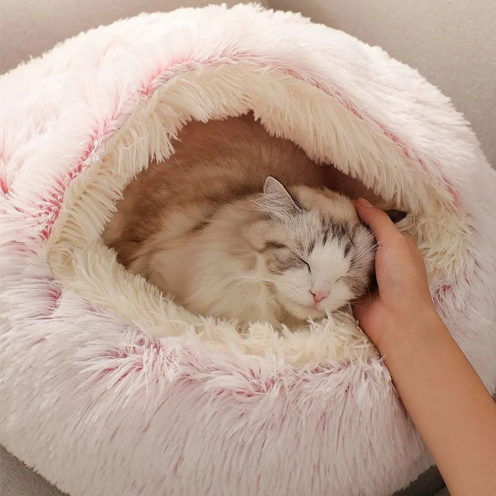 Warm Plush Pet Bed - Enclosed Round Cat Cushion Nest