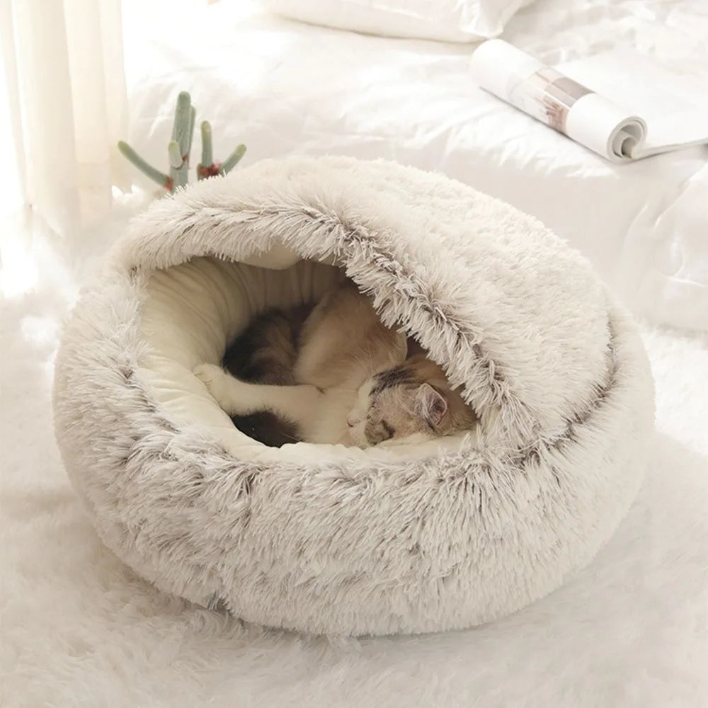 Warm Plush Pet Bed - Enclosed Round Cat Cushion Nest