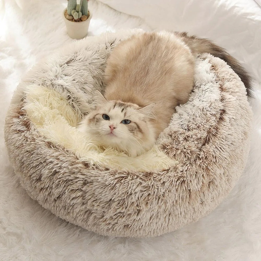 Warm Plush Pet Bed - Enclosed Round Cat Cushion Nest