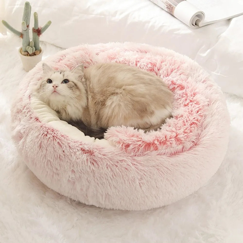 Warm Plush Pet Bed - Enclosed Round Cat Cushion Nest