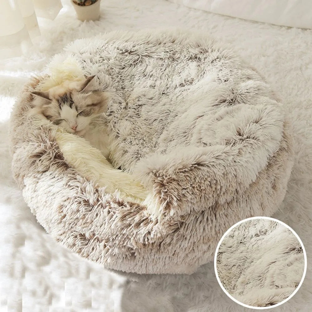 Warm Plush Pet Bed - Enclosed Round Cat Cushion Nest