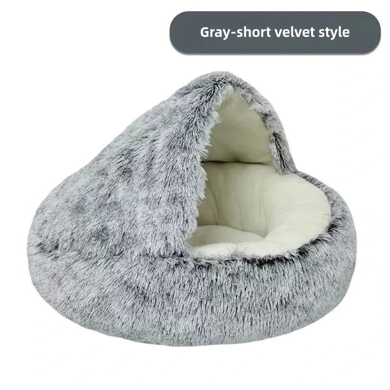 Plush 2-in-1 Pet Bed - Soft Semi-Enclosed Cat Dog Nest